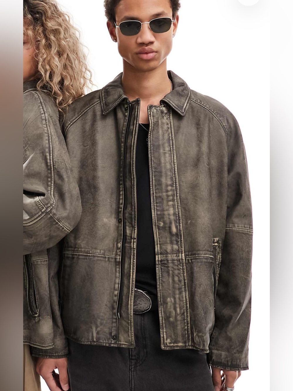 Washed Real Leather Zip-Front Jacket